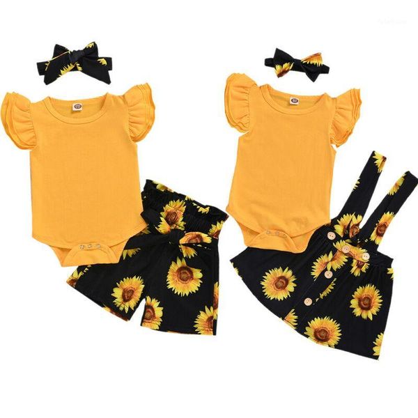 

3pcs baby girls clothing summer sets sleeve ruffles romper+sunflower shorts/strap skirt+headband 3pcs baby girl outfits 0-2y1, White