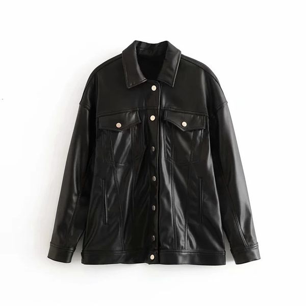 

2021 new autumn black faux leather women lapel collar long sleeve vintage jacket woman loose casual high street coat 2yyq, Black;brown