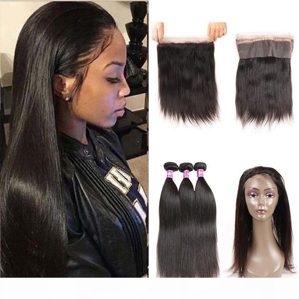 

pre plucked brazilian straight hair weaves with closure 360 lace band frontal with bundles virgin human hair extensions with bady hair, Black;brown