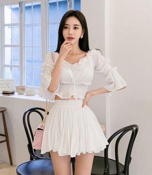 

two piece dress 2021 summer 2 set women off shoulder flare sleeve shirt + vintage solid draped elastic waist skirts suit1, White