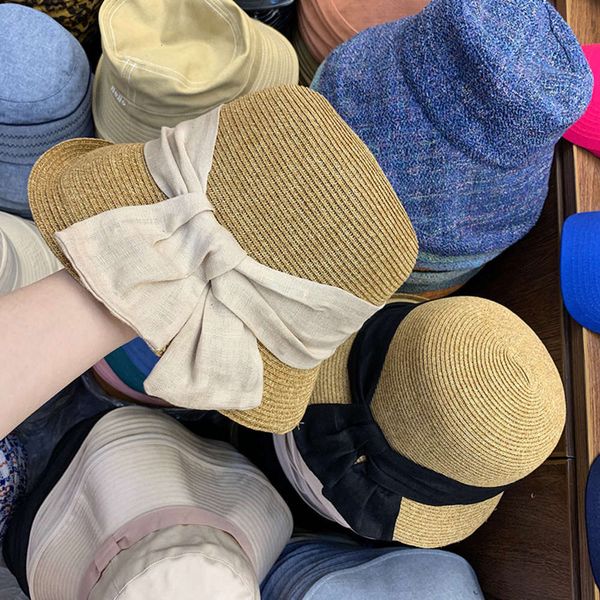 

korean woven straw women's art elegant silk bow tie travel versatile casual hat, Blue;gray