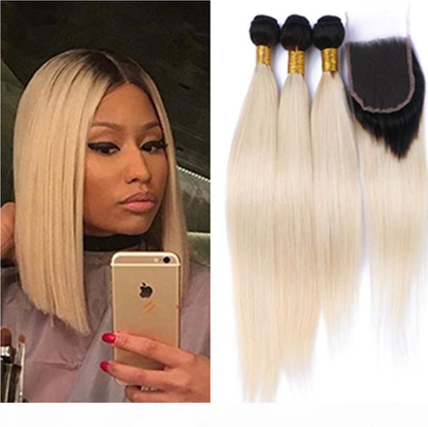 

brazillian straight hair ombre 613 blonde virgin hair 1b 613 no tangle no shedding dark roots blonde brazilian human straight 4*4 closure, Black;brown