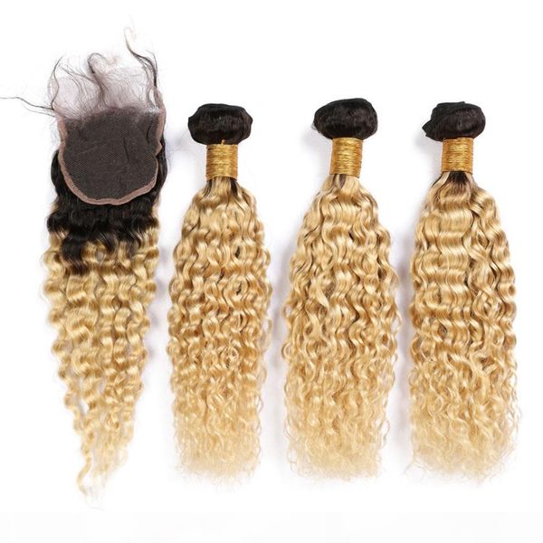

blonde ombre malaysian hair bundles water wave with closure #1b 613 ombre wet and wavy human hair weaves 3bundles with lace closure 4x4, Black;brown