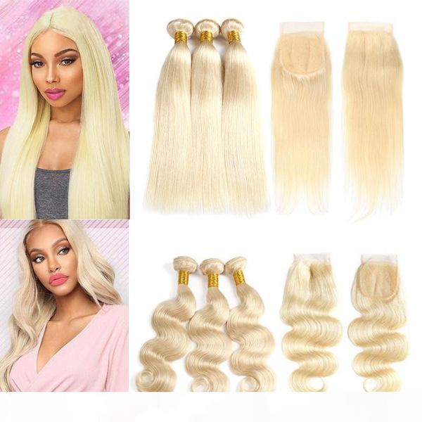 

сырое бразильский волос девственницы 613 blonde 3 пачки с кружевом закрытие прямо объемная волна цветные ombre человека связки волос с closu, Black
