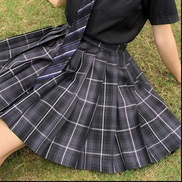 

japanese women jk skirts high waist students school uniform pleated a line mini plaid harajuku preppy skirts, Black