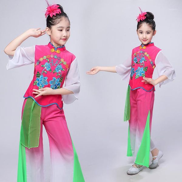 

girls umbrella dance children's fan dance costume girl's yangko traditional chinese costume1, Black;red