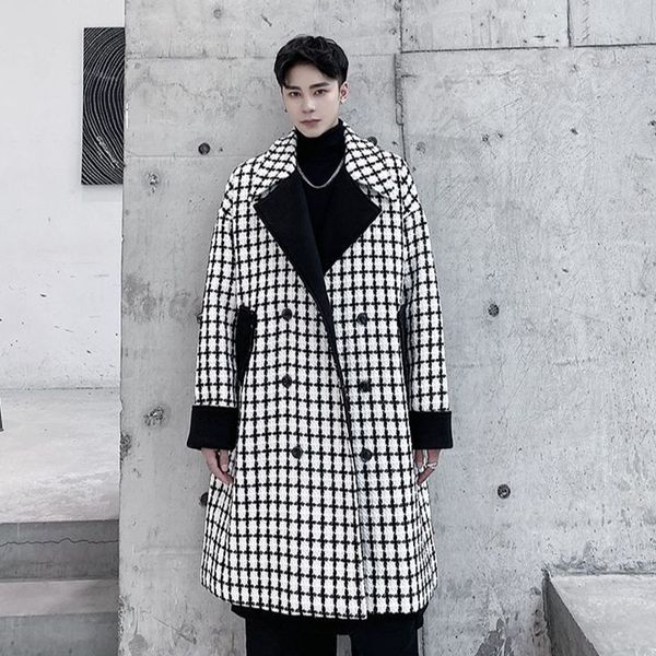 

2020 breasted double men long thick plaid wool trench outerwear male female retro coat qw9q, Black;brown