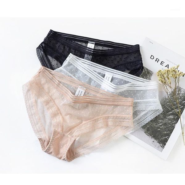 

low-waist mesh lace wrap hip briefs polka-dot see-through pure cotton bottoms breathable ladies underwear1, Black;pink