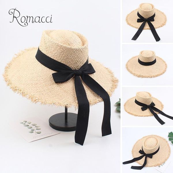 

wide brim hats fashion women raffia straw hat vintage bow ribbon fedora curly beach sun casual summer cap khaki1, Blue;gray