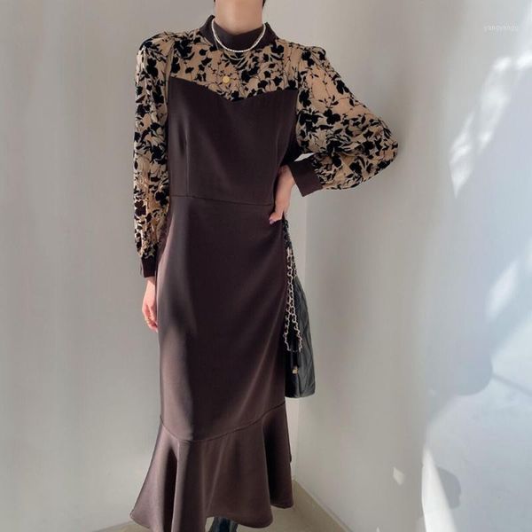 

korean version japanese winter autumn dress fashion loose thin simple splicing printing long sleeve dresses1, Black;gray