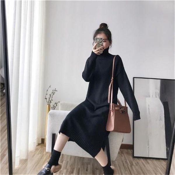 

2021 new oversize knitted women casual long sleeve office sweater female solid autumn one-piece dress korean lady dq8y, Black;gray