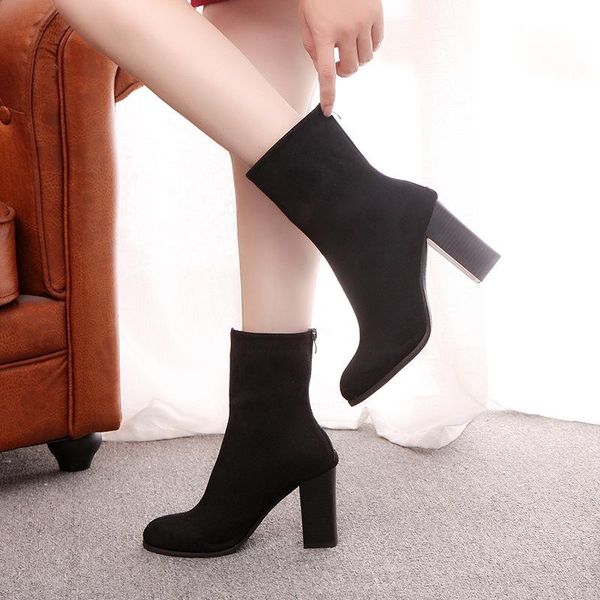 

sunny everest 2020 new women boots short ankle boots plus size pointed toe thick high-heel zipper size 35-43, Black