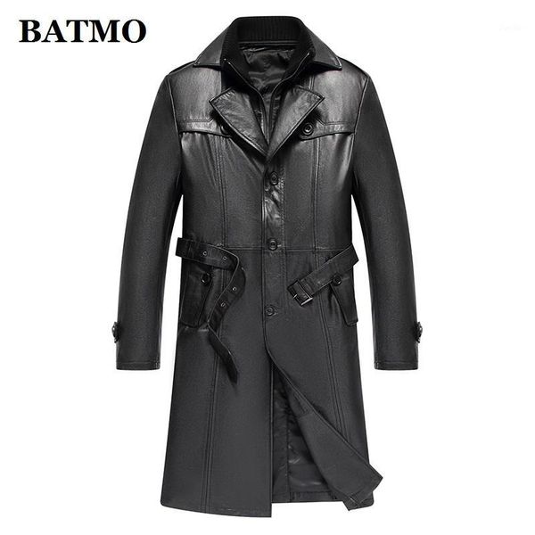 

batmo 2018 new arrival 100% natural cow leather x-long jackets men,men's double breasted leather trench coat, al151, Black
