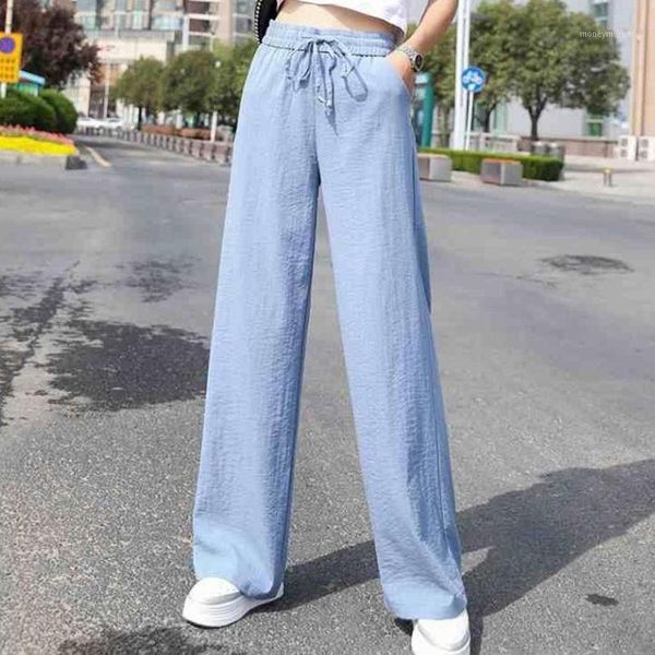 

casual breathable women straight leg pant summer loose fashion ladies polyester full length pants trousers thin wide leg bottoms1, Black;white