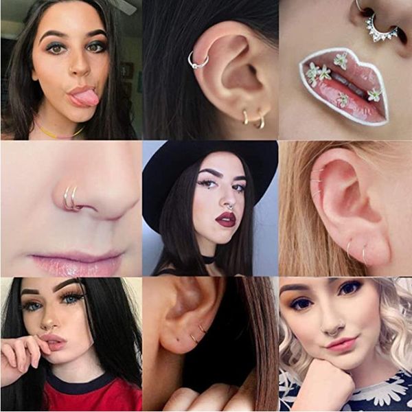 

stainless steel crystal fake nose piercing septum ring set non piercing labret lip ring lot faux nose ring hoop set helix earing sqciln, Slivery;golden