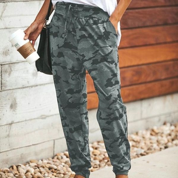 

women camouflage pants waist lace-up trouser camo casual cargo joggers army harem trousers loose elastic, Black;white