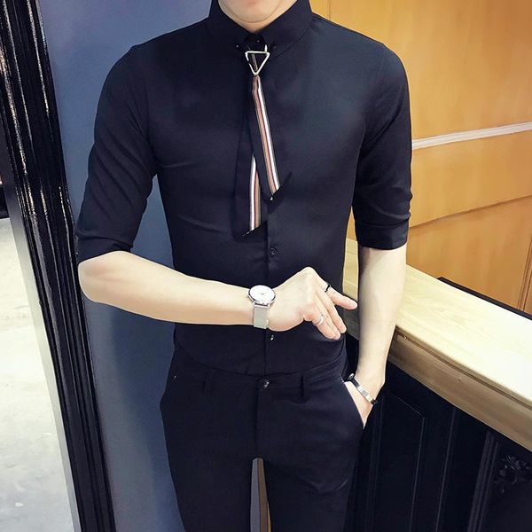 

men's casual shirts solid color mens luxury half sleeve man camisa social masculina fashioin party nightclub male, White;black