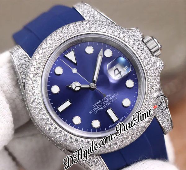 

twf swiss eta2824 automatic mens watch 904l steel diamonds case blue dial blue rubber edition 116610 puretime (strap) d4, Slivery;brown