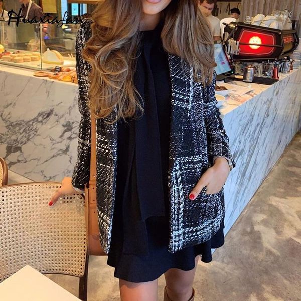

huaxiafan women plaid blazers jackets coats elegant tweed blazer coat one button pockets jacket office blazers female outwear1, White;black