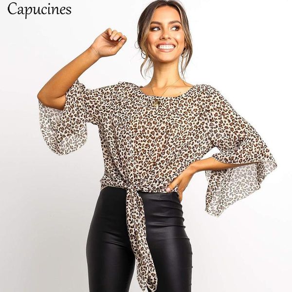 

capucines boho knotted front leopard print chiffon blouse women o neck half sleeve shirt casual beach vacation blouses and, White