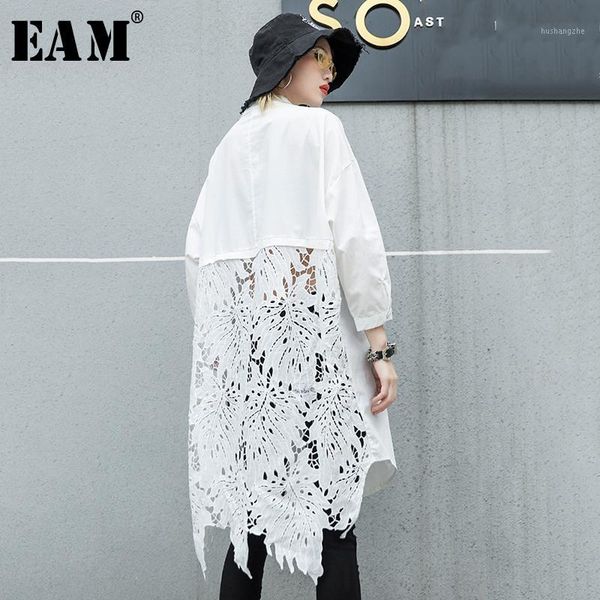 

eam]2019 new autumn winter stand collar long sleeve back lace hollow out spliced big size shirt women blouse fashion tide jr8351, White