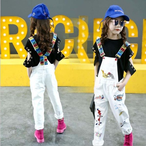 

baby girls denim overalls spring autumn fashion new children clothing kids casual suspender trousers cartoon jeans short 5-16 y y200704, Blue