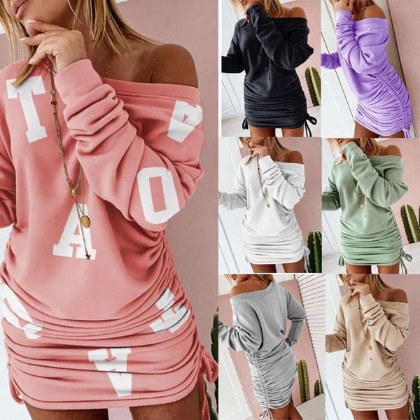 

new drawstring pleated long sleeve solid sweater dress for autumn / winter 2020, Black;gray