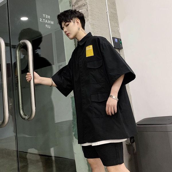 

ewq / men's wear color block patchwrk patch many pockets oversize half sleeve + casaul shorts with bag two piece set 9y16661, Gray