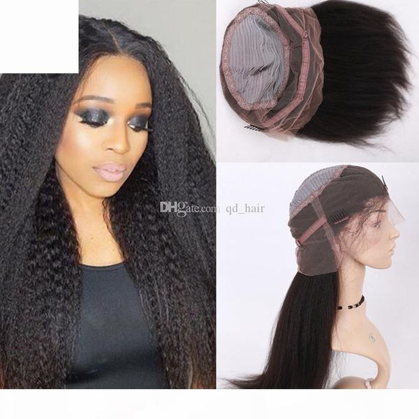 

selling 150%180% density peruvian glueless coarse yaki pre plucked 360 lace wig kinky straight 360 lace frontal wigs human hair wigs, Black;brown