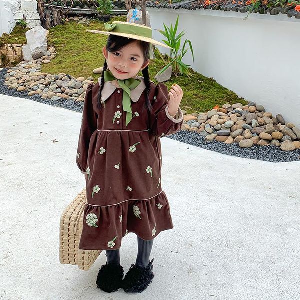 

girl's dresses 2021 autumn arrival girls long sleeve warm fleece dress kids embroidered floral, Red;yellow