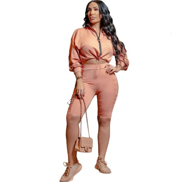 

2 piece women's zipper stand collar and biker short suit 2021 new arrival side draped streetwear loungewear set outfits, White;black