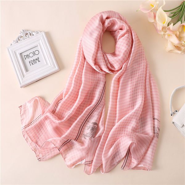 

new silk scarf women fashion spring classic houndstooth printing foulard female shawls&wraps beach towel soft scarves kerchief 180*90cm, Blue;gray