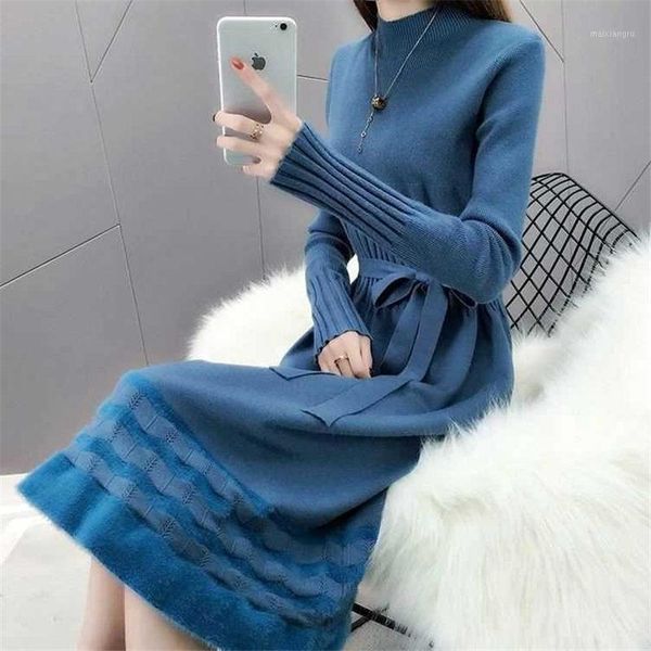 

long knit dress female autumn winter sweater pullover 2019 new high collar thick fashion elegant pleated patchwork dress f13381, White;black