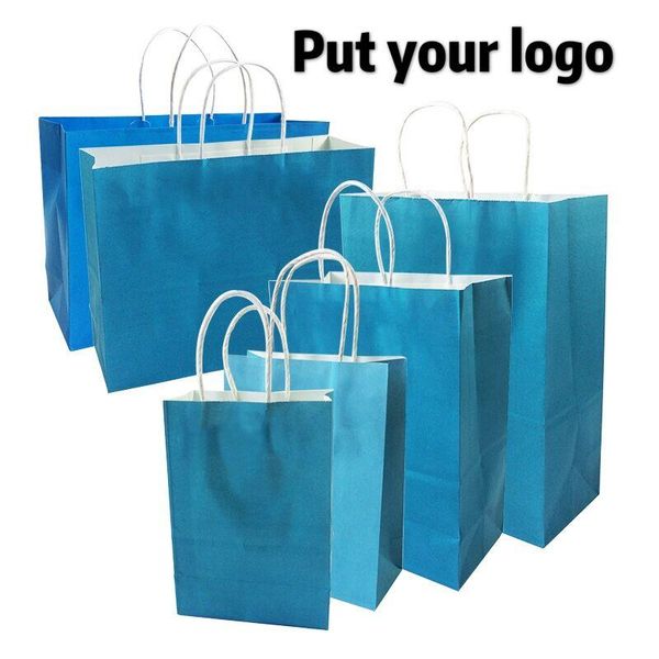 

10 pcs/lot festival gift kraft bag blue shopping bags diy multifunction recyclable paper bag with handles 6 size optional