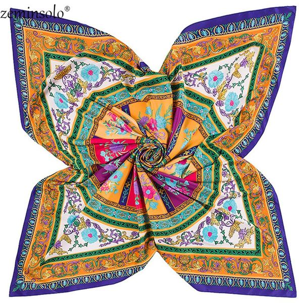 

scarves 130*130cm 2021 floral print silk for women headband hijab twill large square scarf shawl female wraps, Blue;gray