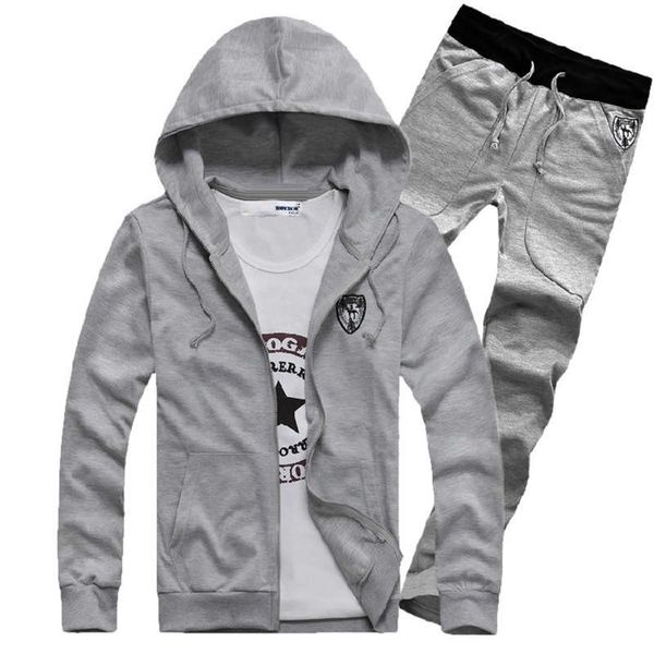 

long sleeve casual cardigan sweater hooded men's two piece suit, Gray