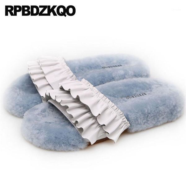 

runway autumn wool big size cute plus fluffy slippers winter real fur sheepskin fuzzy designer women shoes slides1, Black