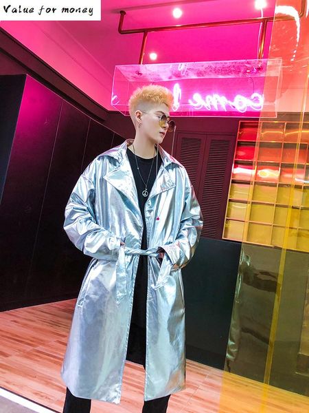 

cazadora fashion larga casual long shiny jacket male hip hop dancer singer stage costume custom made coat trench coat homme, Tan;black