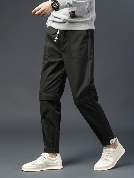 

men slant pockets drawstring waist pants l6lb#, Black