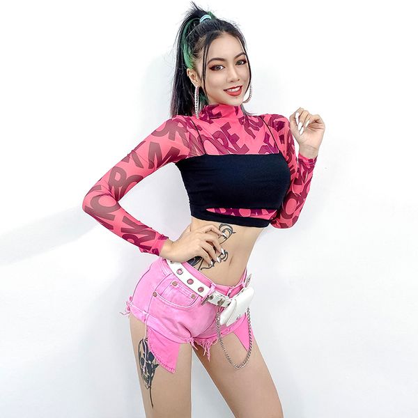

jazz costume female rave clothing pink net yarn perspective denim shorts street dance outfit lady modern dancer wear, Black;red