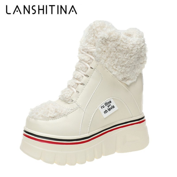 

winter warm boots woman plush platform ankle shoes high height increasing 10cm snow boots trainers fur chunky sneakers woman, Black