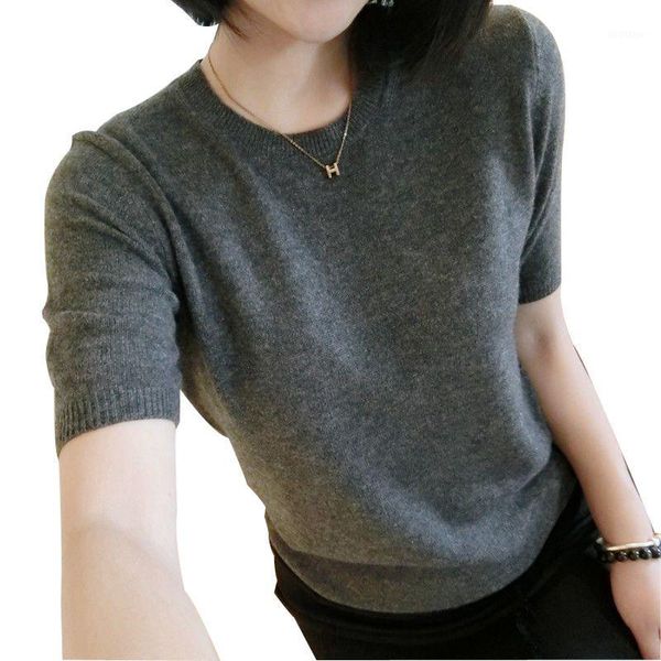 

2020 women's casual knitted short sleeve sweater spring autumn summer cashmere blended o-neck solid color pullovers tees pz23261, White;black