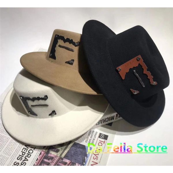 

wide brim hats ader error torn label bucket men women three colors adererror fedoras korean metal leather logo caps, Blue;gray