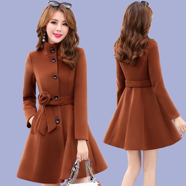 

2021 new women outerwear autumn winter clothing korea fashion belt warm woolen dress blends slim female elegant woolen coat, Black