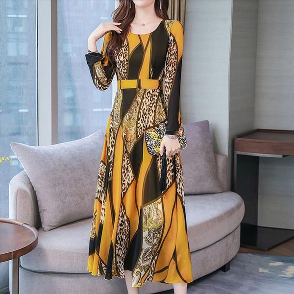 

z35 elegant office dress women fashion autumn lady o neck long sleeve leopard print dress long summer robe femme, Black;gray