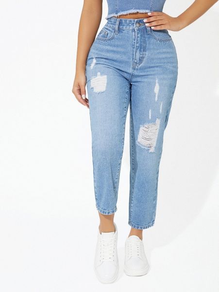 

petite high waist washed ripped jeans 42bb#, Blue