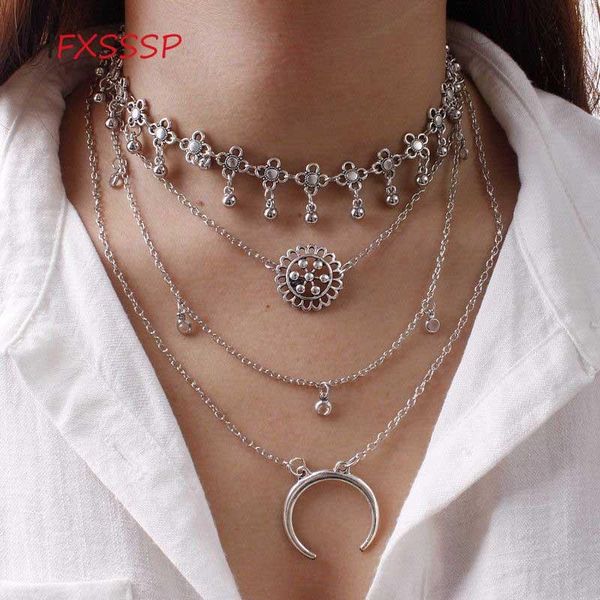 

hfxsssp popular retro necklace exaggerated plating alloy disk multi- multilayer chest chain clavicle chain jewelry, Silver