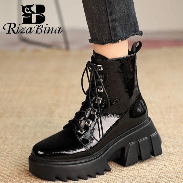 

boots rizabina real leather women ankle strange heel round toe cross strap shoes winter warm fahion party footwear, Black