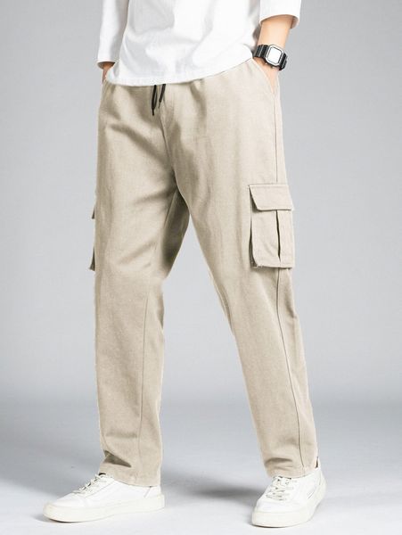 

men flap pocket drawstring waist pants l48u#, Black