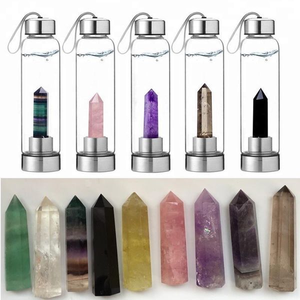 Venda quente Natural Crystal Point Cura Obelisco Wand Elixir Quartz Cristal Garrafa de Água Ferramentas Natural Cristal 201105